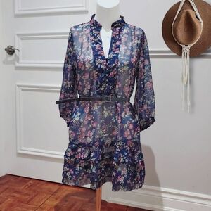 Vintage Costa Blanca Blue Floral Sheer Tunic Blouse